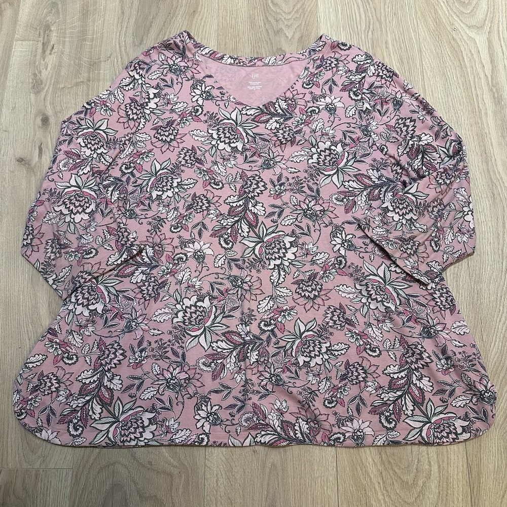 J.Jill V-Neck Tee Women's 3X Pink Floral 100% Pima Cotton Romantic Casual